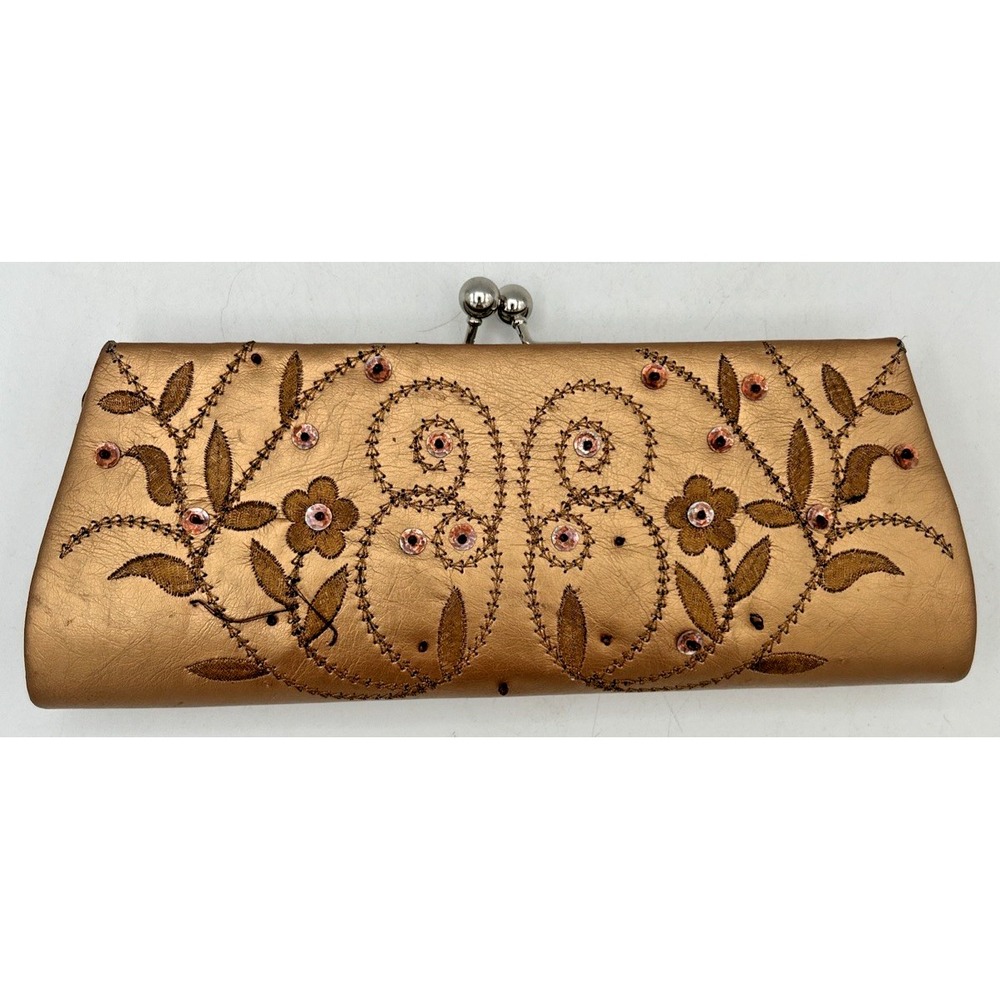 Bijoux Terner Floral Embroidered Beaded Handbag Clutch Rose Gold 9 1/2 XW 3 5/8